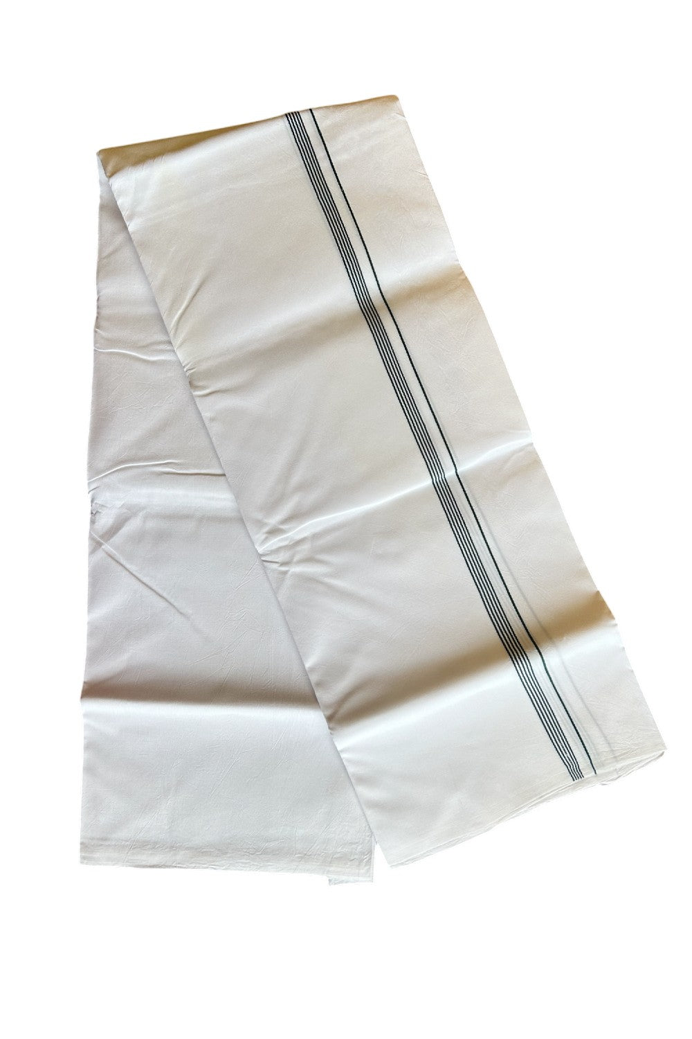 31% DISCOUNT ! KaithariKada Balaramapuram 100%  COTTON SINGLE PURE WHITE Mundu/Dhoti-100X100- 0.75 inch Dark Green Striped Kara- 9KK487KK