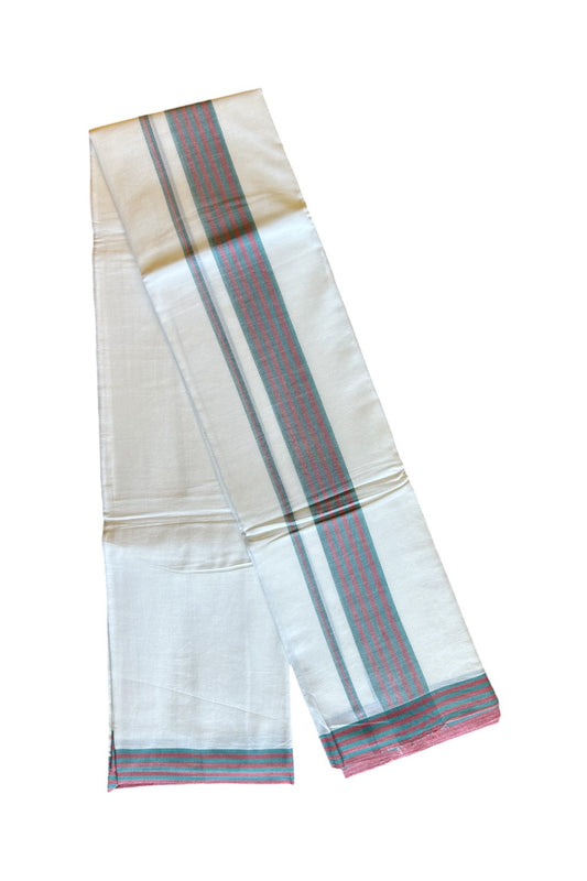 29% DISCOUNT! KaithariKada Balaramapuram 100% Cotton Ultra WHITE Double Mundu/Dhoti-100x100 2.75 inch Green & Red Stripes Cotton kara 3.70m- 9KK493RAM