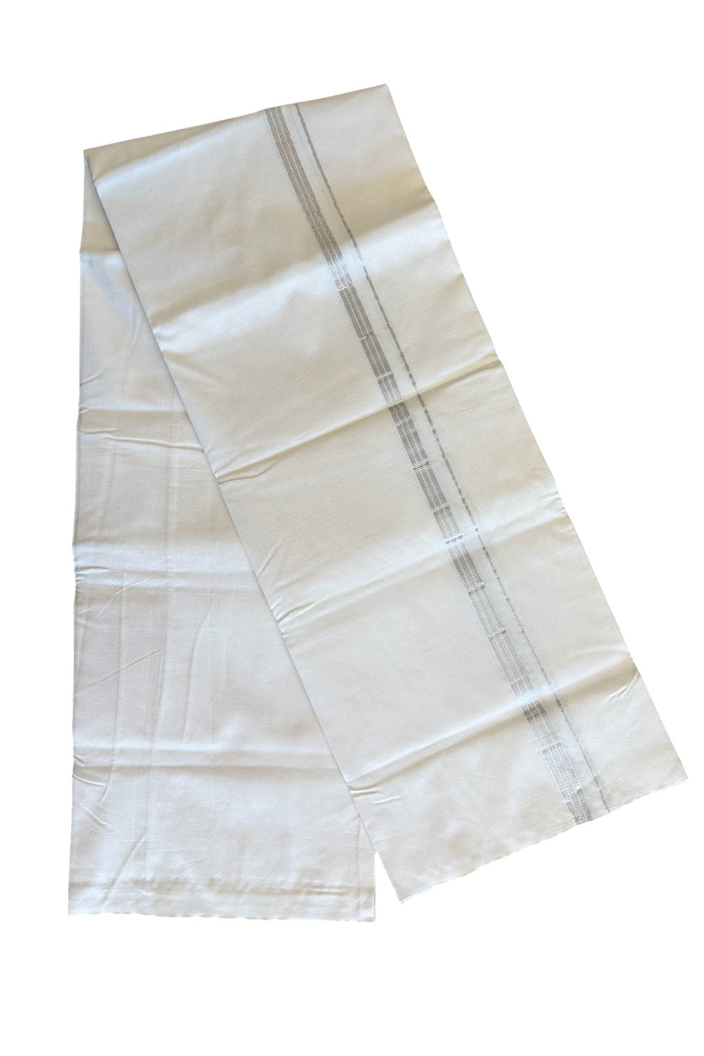 18% DISCOUNT ! KaithariKada Balaramapuram 100% COTTON SINGLE OFF WHITE Mundu/Dhoti-Twisted 100s Thread- 1 inch Silver Striped - 9KK497ASH