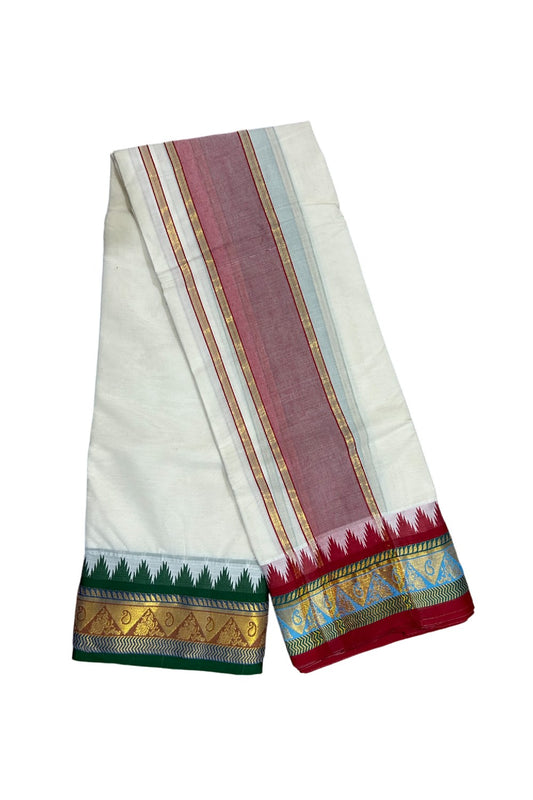 37% DISCOUNT! KaithariKada Cotton Mix Off White - (Unbleached) - 80x80 thread- 80 % Cotton & 20% Polyester- NORTH INDIAN -  ATTACHED GAMCHA  - 9X5 Dhoti 4.75 inch Magenta kara with Blue Green & Red Kasavu Design border  - 9KK5005PMC