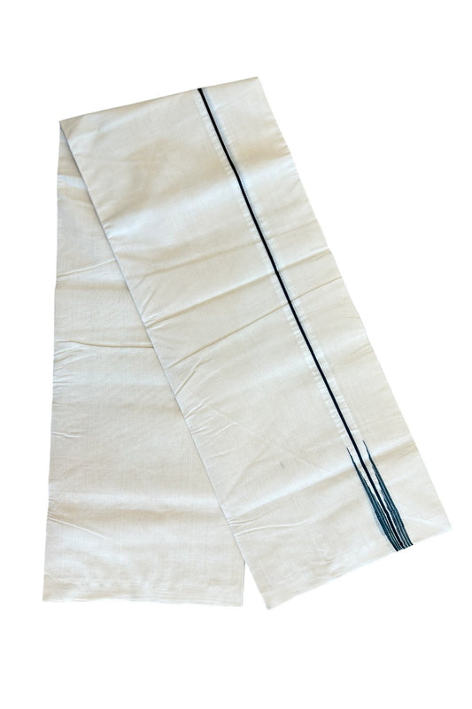 15% DISCOUNT!! KaithariKada HANDLOOM Millpaav Balaramapuram - 100% PURE Cotton OFF White - (Unbleached) Double Mundu/Dothi - 1 inch Puliyilakkara silver kasavu & Dark Green Striped Chutty - 9KK5011RAM