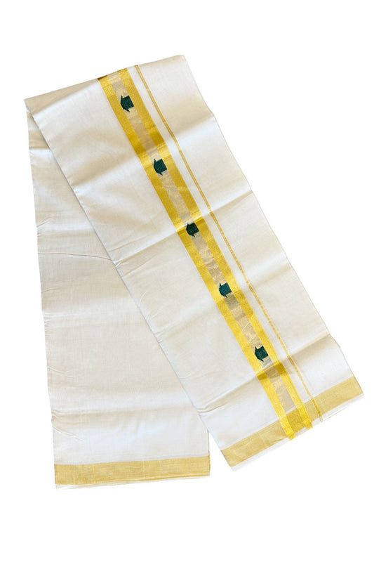 15% Discount!!! KaithariKada HANDLOOM UNAKKUPAAV Balaramapuram - 100% PURE Cotton off white Double Mundu/Dhoti - 2.5 inch Kasavu with centre tissue &  Green designed kara - 9KK5020RAM