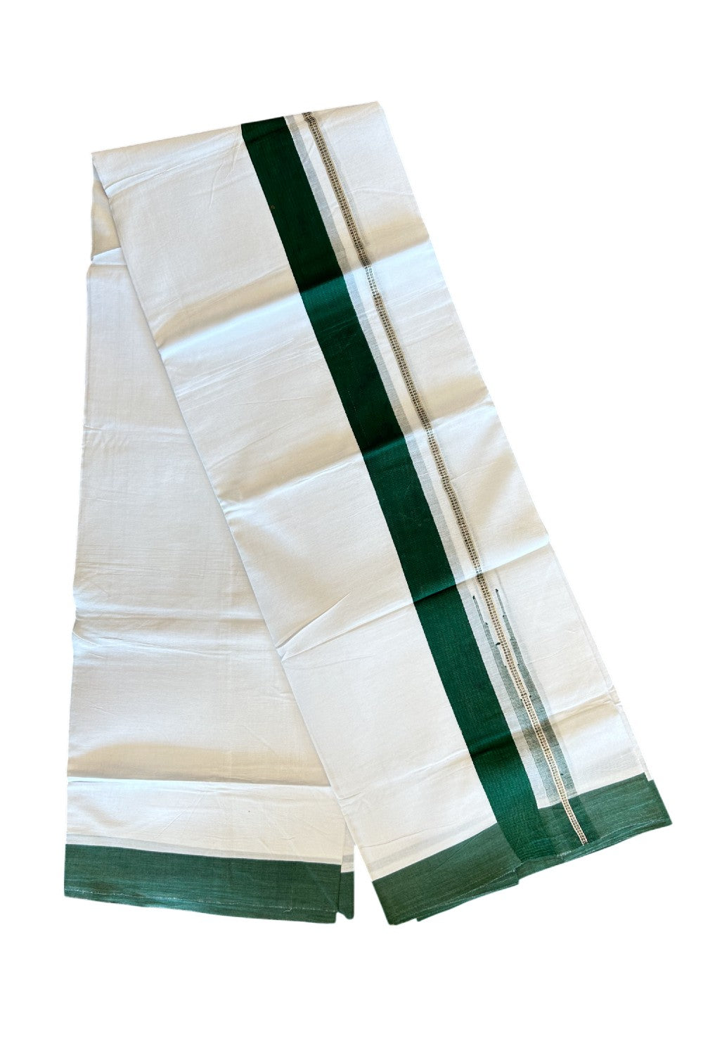 Kaitharikada  Balaramapuram 100% Pure Cotton PURE WHITE Double Mundu/Dothi - 80x92 - 1.5 Inch Dark Green & Silver Chutty kara - 9KK5022VAN