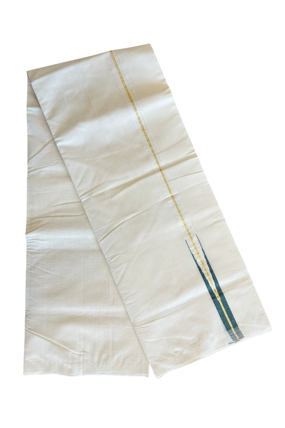 8% DISCOUNT!! KaithariKada HANDLOOM Millpaav Balaramapuram - 100% PURE Cotton OFF White - (Unbleached) Double Mundu/Dothi - 2 cm puliyilakkara Kasavu & Dark green chutty - 9KK5029RAM