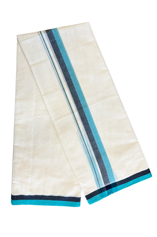 5% Discount!!! KaithariKada Balaramapuram  Double Off white - (Unbleached) Mundu/Dhoti - 80X90 - 1.75 inch Black & Turquoise green shaded puliyilakkara striped chutty - 9KK5037KAI