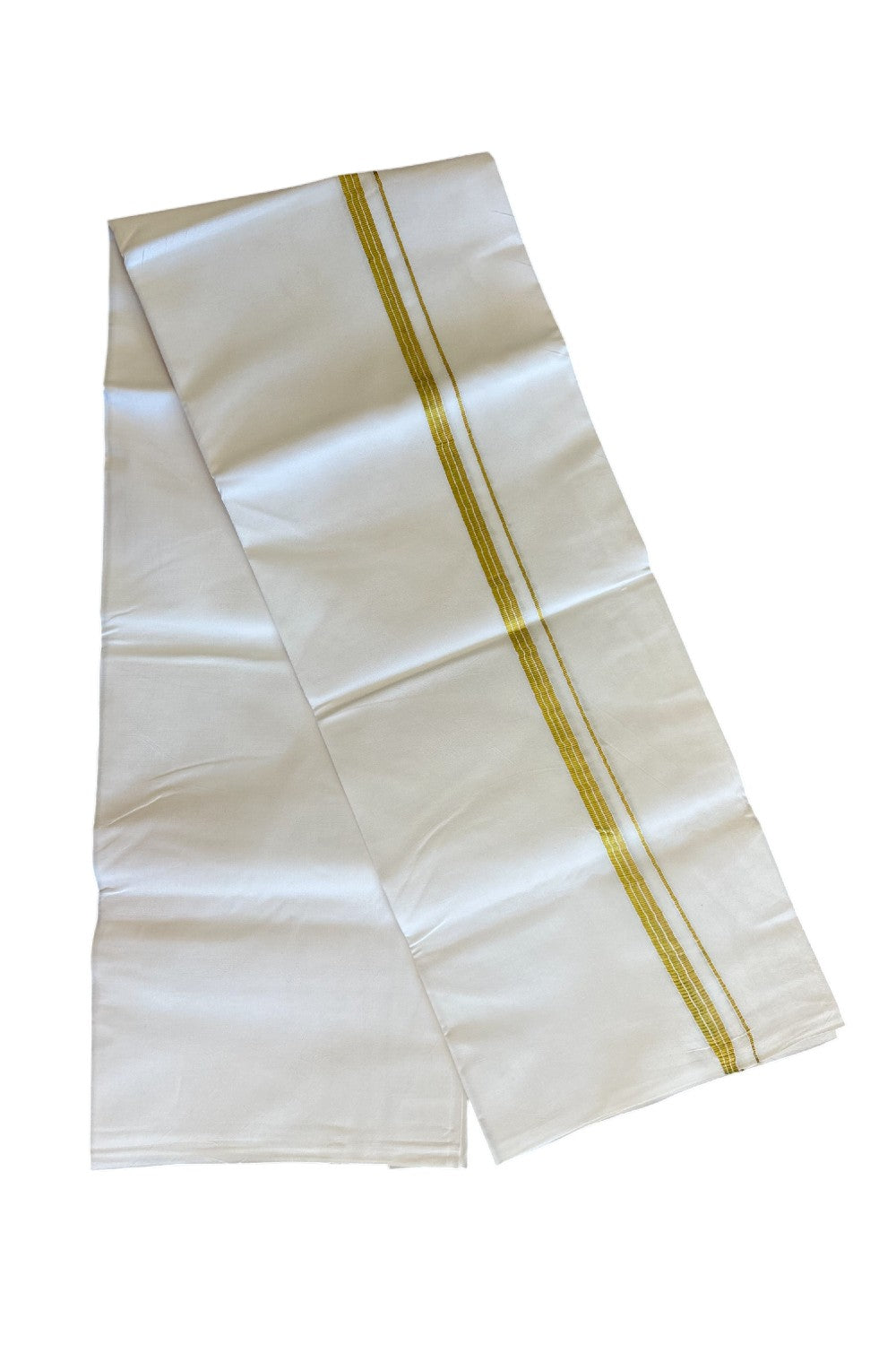 27% DISCOUNT!! KaithariKada Balaramapuram 100% Cotton PURE WHITE Single Mundu/Dhoti-100x100 Gold Kasavu Striped Kara - 9KK5043ASH