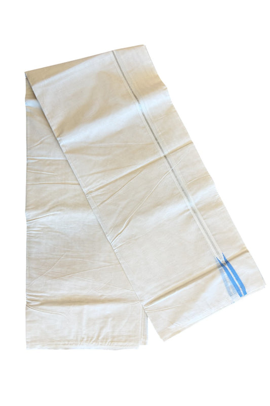 18% Discount KaithariKada Balaramapuram 100% Cotton Off White Double - (Unbleached) - Mundu/Dhoti-100x100 - 1.5cm Silver Kasavu & Sky Blue Chutty Kara - 185