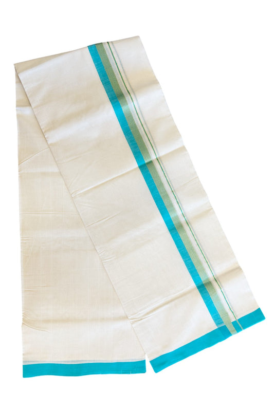 21% Discount KaithariKada HANDLOOM Unakkupaav Balaramapuram - 100% PURE Cotton Off White (Unbleached) Double Mundu/Dhoti -  1.75 inch Kasavu & Turquoise Blue-211