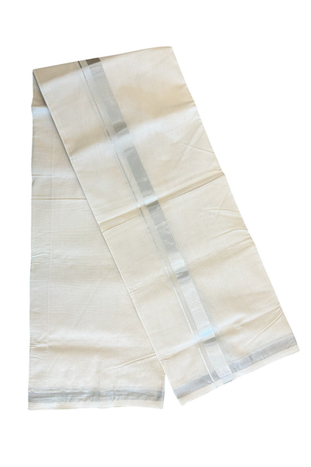 15% DISCOUNT! KaithariKada HANDLOOM unakkupaav Balaramapuram - 100% PURE Cotton Off White (Unbleached) -  Double Mundu/Dhoti - Silver Kasavu 1.5 inch Kara- 14