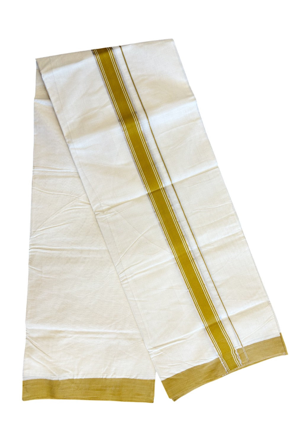 35% Discount !! KaithariKada Balaramapuram 100% Cotton Double Off white -(Unbleached) Mundu/Dhoti-100x100 - 2.25inch Silver Kasavu & Mustard Yellow Striped Kara- 9KK5045ASH