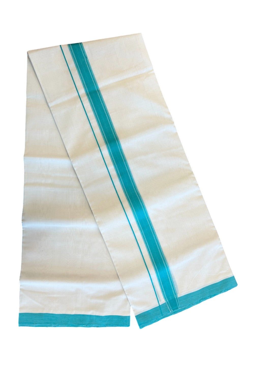 34% DISCOUNT!! KaithariKada HANDLOOM UNAKKUPAAV Balaramapuram - 100% PURE Cotton OFF White Double - (Unbleached) Mundu/Dothi - 1.75 inch Turquoise Design Kara - 9KK5049REA