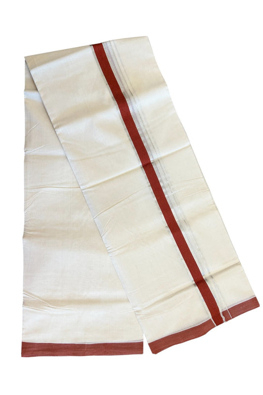 15% DISCOUNT! KaithariKada BALARAMAPURAM HANDLOOM UNAKKUPAAV - 100% PURE Cotton Off white (Unbleached) Double Mundu/Dhoti -  1.75inch Silver Kasavu & Brick Red Stripes Kara-69