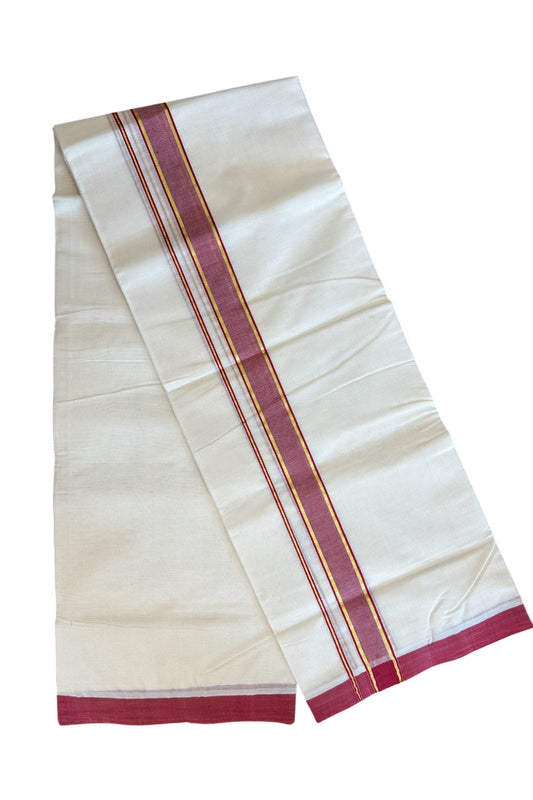 19% DISCOUNT!! KaithariKada HANDLOOM Millpaav Balaramapuram - 100% PURE Cotton OFF White - (Unbleached) Double Mundu/Dothi - 2 Inch Kasavu & Red striped Kara - 9KK5065KK