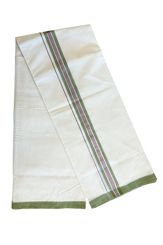 19% DISCOUNT!! KaithariKada HANDLOOM Millpaav Balaramapuram - 100% PURE Cotton OFF White -(Unbleached) Double Mundu/Dothi - 2 Inch Light Green & Purple silver Kasavu Striped Kara - 9KK5056RAM