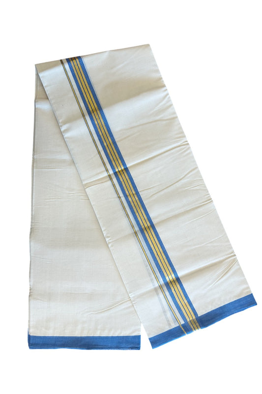 10% DISCOUNT! KaithariKada Balaramapuram Handlloom  100% Cotton Double Off white (Unbleached) Mundu/Dhoti-100X100- 1.75inch Gold Kasavu & BLUE Kara.-2.