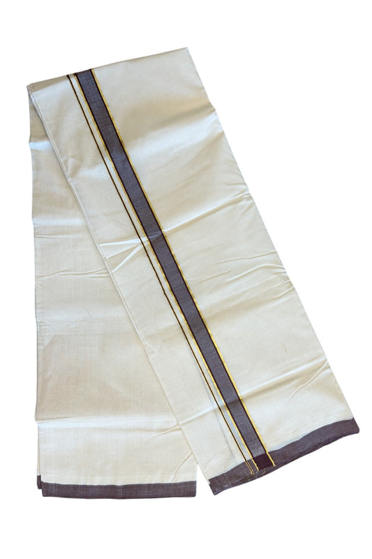 15% DISCOUNT! KaithariKada BALARAMAPURAM HANDLOOM Unakkupaav- 100% PURE Cotton 100x100 Double Mundu/Dhoti OFF WHITE (Unbleached) 3.8 mtr - Brown & Kasavu Kara