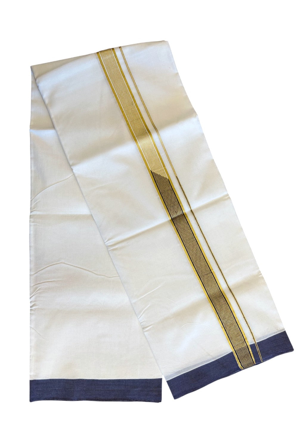 16% DISCOUNT! KaithariKada Balaramapuram 100% Cotton PURE white Double Mundu/Dhoti - 100x100 1.75 inch Chutty Heavy Designer Navy Blue & Kasavu Kara - 9KK5067KK