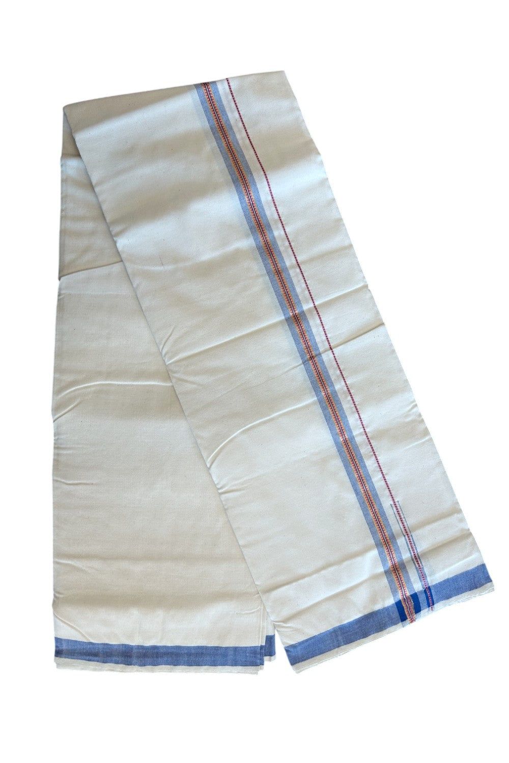 32% Discount ! KaithariKada 100% Cotton Balaramapuram HANDLOOM Single Mundu/Dhoti - Off White (Unbleached) 1.Inch (2 meter / 4 muzham) Blue & Red Stripes Kasavu Puliyilakkara Chutty- KAIHS001.