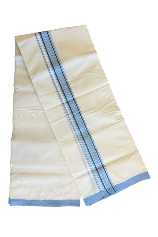 30% DISCOUNT!! KaithariKada HANDLOOM Millpaav Balaramapuram - 100% PURE Cotton OFF White - (Unbleached)  Double Mundu/Dothi - Silver Kasavu with White & blue Stripes-2KK56RAM