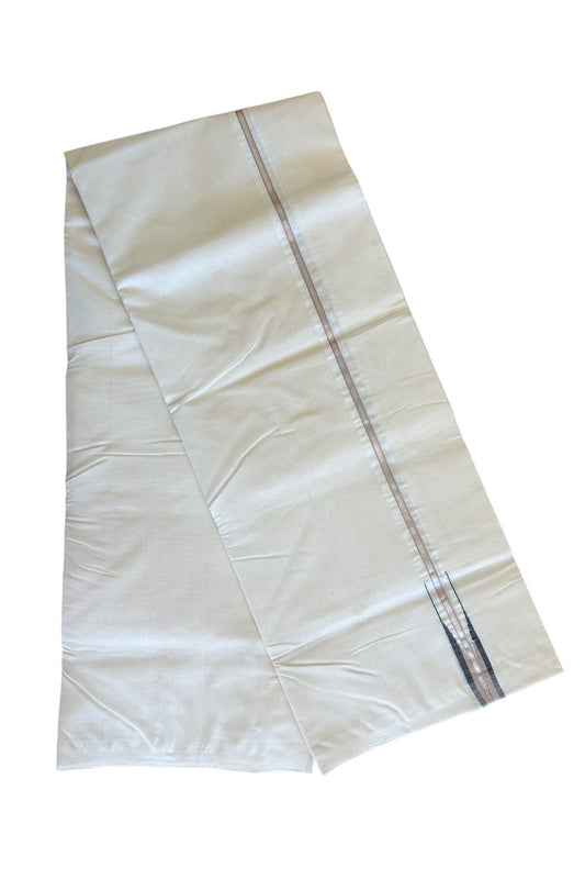 21% DISCOUNT!! KaithariKada HANDLOOM Millpaav Balaramapuram - 100% PURE Cotton OFF White - (Unbleached) Double Mundu/Dothi - 1inch Puliyilakkara Silver kasavu  Black & Cream chutty - 9KK506RAM