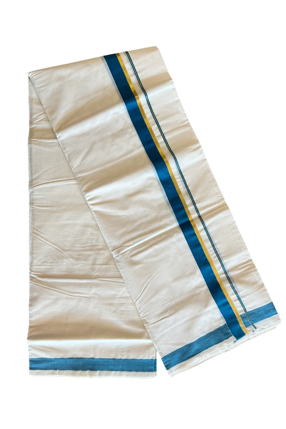 10% Discount! KaithariKada Balaramapuram 100% Cotton Off White - (Unbleached) Double Mundu/Dhoti-80x72 PEACOCK BLUE & KASAVU - 3KK57VIN