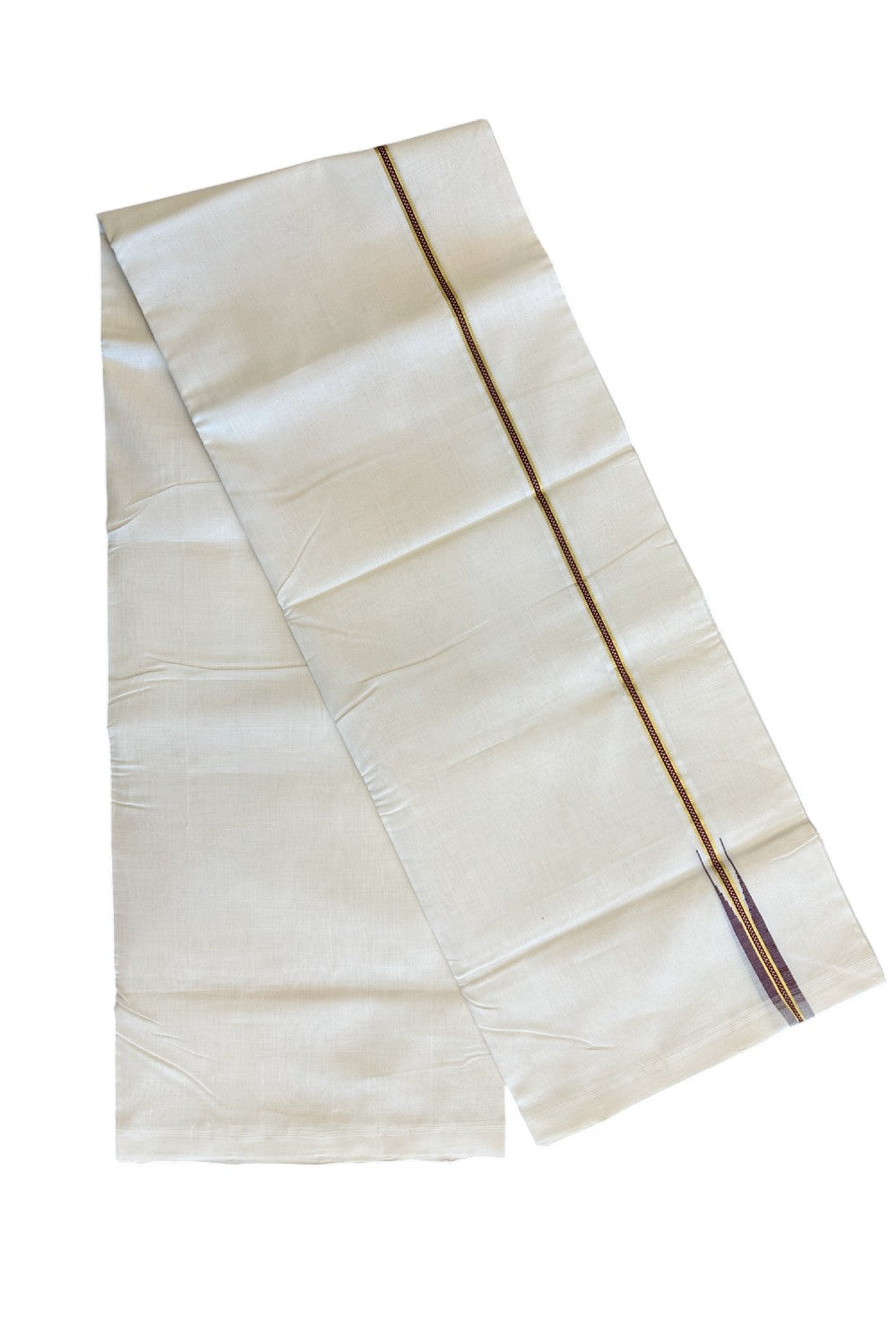 21% DISCOUNT!! KaithariKada HANDLOOM Unakkupaav Balaramapuram - 100% PURE Cotton OFF White (Unbleached) Double Mundu/Dothi - Kasavu Maroon Muthukkuri Puliyilakkara  Chutty  - 17KK114ASH