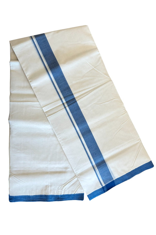 30% DISCOUNT!! KaithariKada HANDLOOM millpaav Balaramapuram - 100% PURE Cotton OFF White (Unbleached) Double Mundu/Dothi - 2 inch Blue Mulloth Kara 4.5 Meters (10 Muzham) - 33KK403RAM