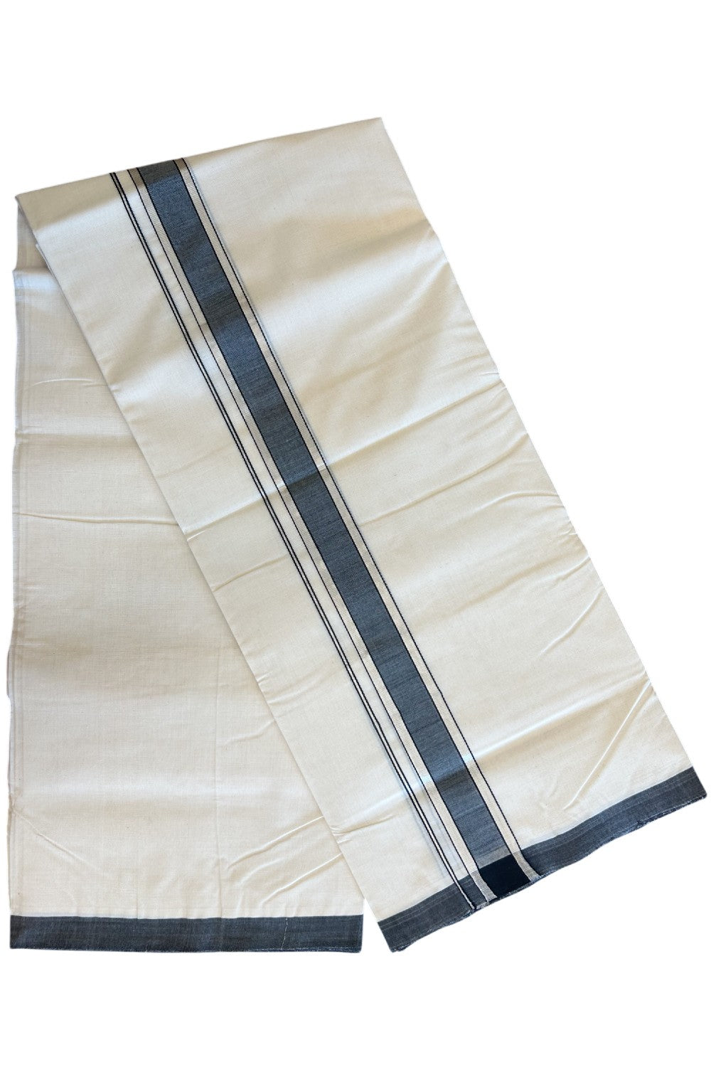 19% Discount !! KaithariKada HANDLOOM millpaav Balaramapuram - 100% PURE Cotton OFF White Double - (Unbleached)  Mundu/Dothi - 2.25  inch Silver kasavu & Black shaded kara 4.5 Meters (10 Muzham) - 9KK5081RAM