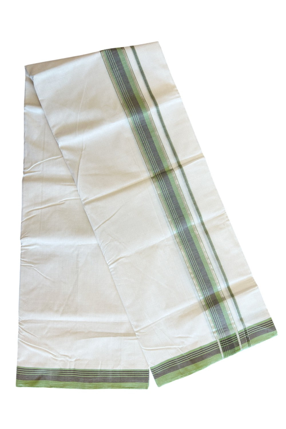 19% Discount !! KaithariKada HANDLOOM UNAKKUPAAV Balaramapuram - 100% PURE Cotton off white - (Unbleached) Double Mundu/Dhoti - 2.5 inch Silver kasavu Light Green & Maroon striped kara - 9KK5082RAM