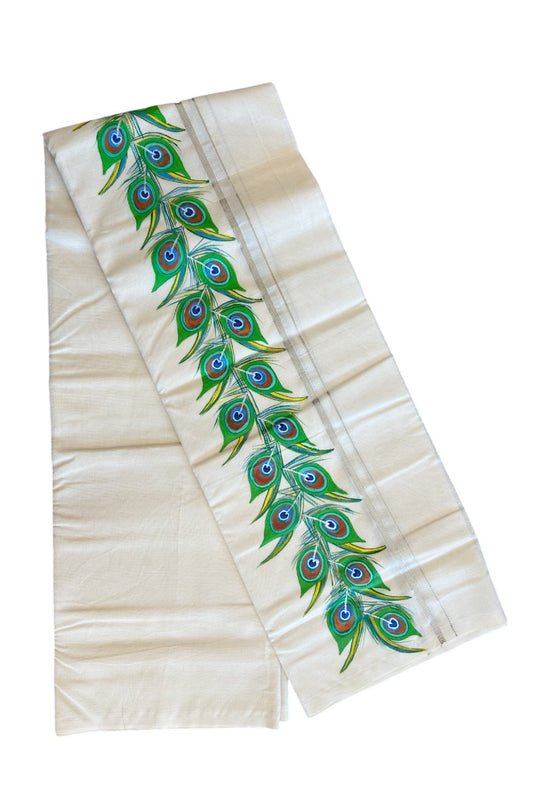 KaithariKada Balaramapuram 100% Cotton Double Off white - (Unbleached) Mundu/Dhoti-100x80 0.75 inch SILVER Kasavu & Hand Painted Peacock Feather Design Kara 3.70 meter- 9KK5083ASH