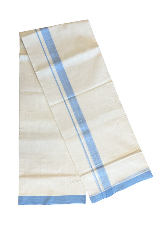 19% Discount!!! KaithariKada HANDLOOM UNAKKUPAAV Balaramapuram - 100% PURE Cotton off white (Unbleached) Double Mundu/Dhoti - 1.75 inch Sky Blue striped kara - 9KK5086UDY