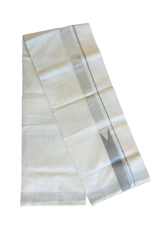 30% DISCOUNT ! KaithariKada HANDLOOM Unakkupaav Balaramapuram - 100% PURE Cotton Off White - (Unbleached) Double Mundu/Dhoti - 100x100 Silver Kasavu 1.5 Inch Black shaded Chutty - 9KK5097ABH