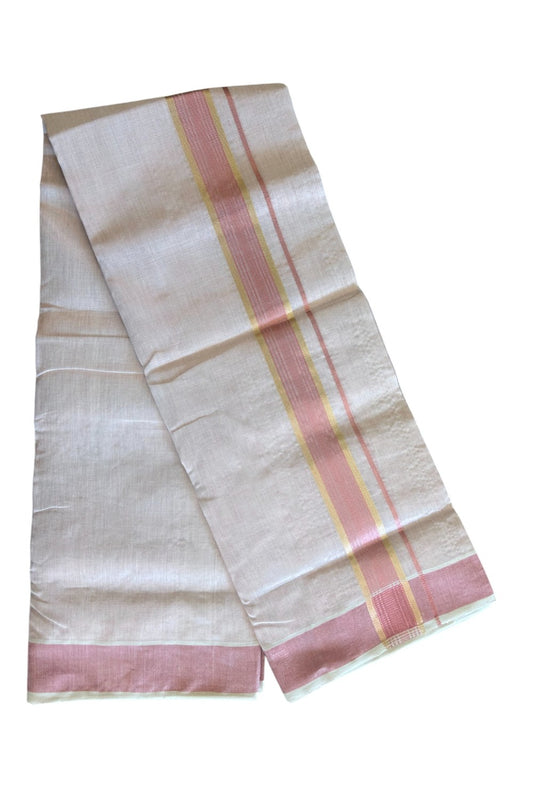 30% DISCOUNT! KaithariKada HANDLOOM Millpaav Balaramapuram - 100% PURE Cotton Off White (Unbleached) - Double Mundu/Dhoti - 2.75 inch Gold Kasavu Kara & Pink Tissue Body- 9KK5105RAM