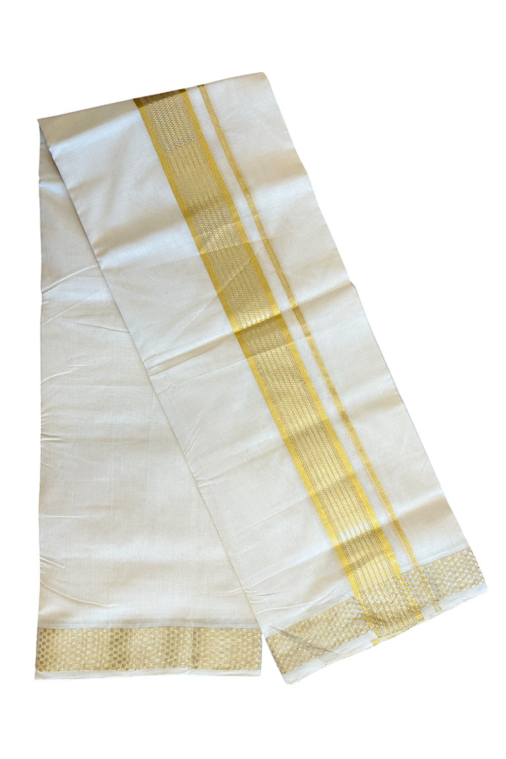 30% DISCOUNT ! KaithariKada HANDLOOM Unakkupaav Balaramapuram - 100% PURE Cotton Off White - (Unbleached) Double Mundu/Dhoti - 3 inch Gold Kasavu & Silver Shaded Striped Design Kara - 9KK5107ABH