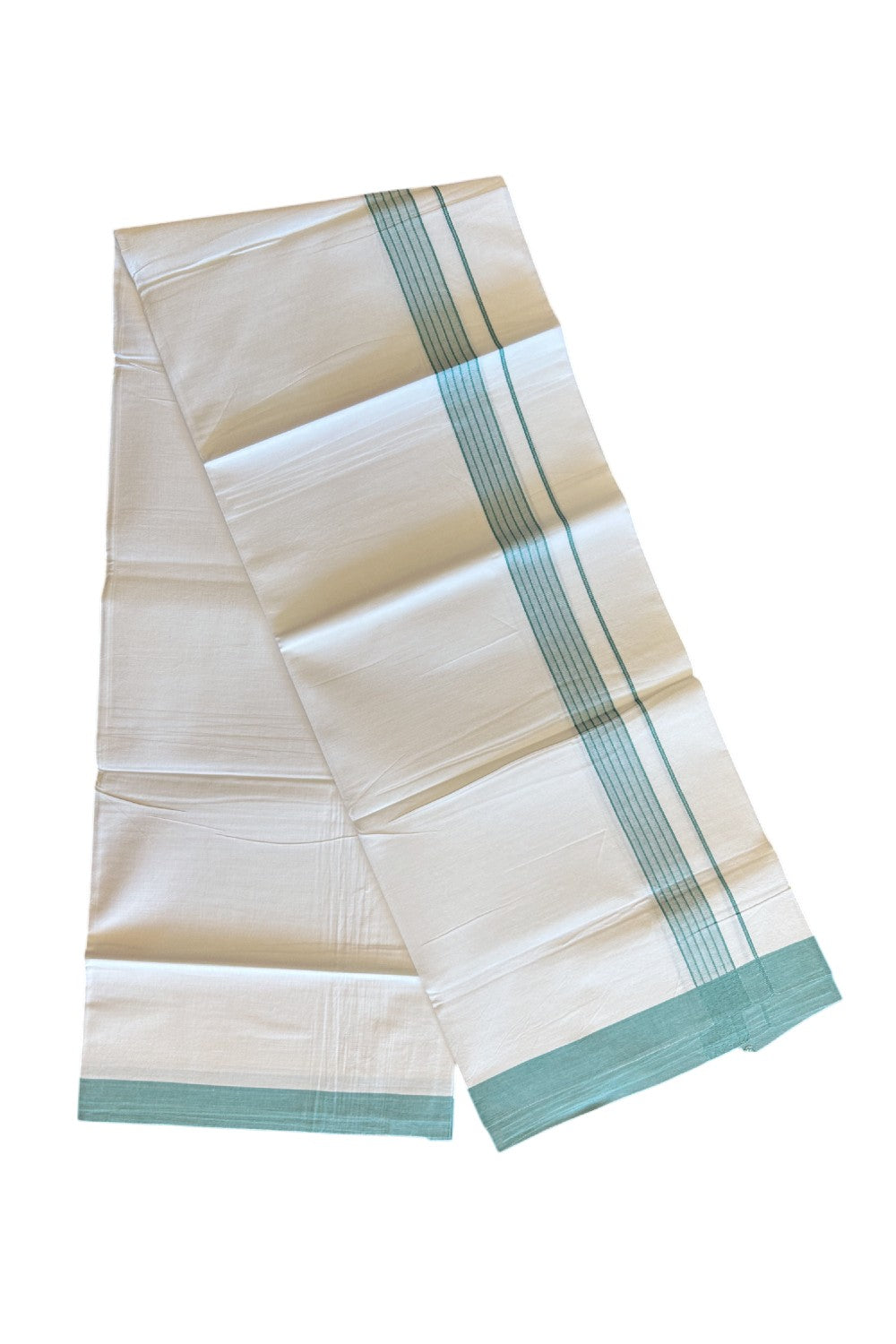 8% Discount ! Kaitharikada Balaramapuram 100% Cotton PURE WHITE SINGLE Mundu/Dothi- 1.75 inch Turquoise Green Striped Kara (2 meter / 4 muzham) - 9KK5018GAN