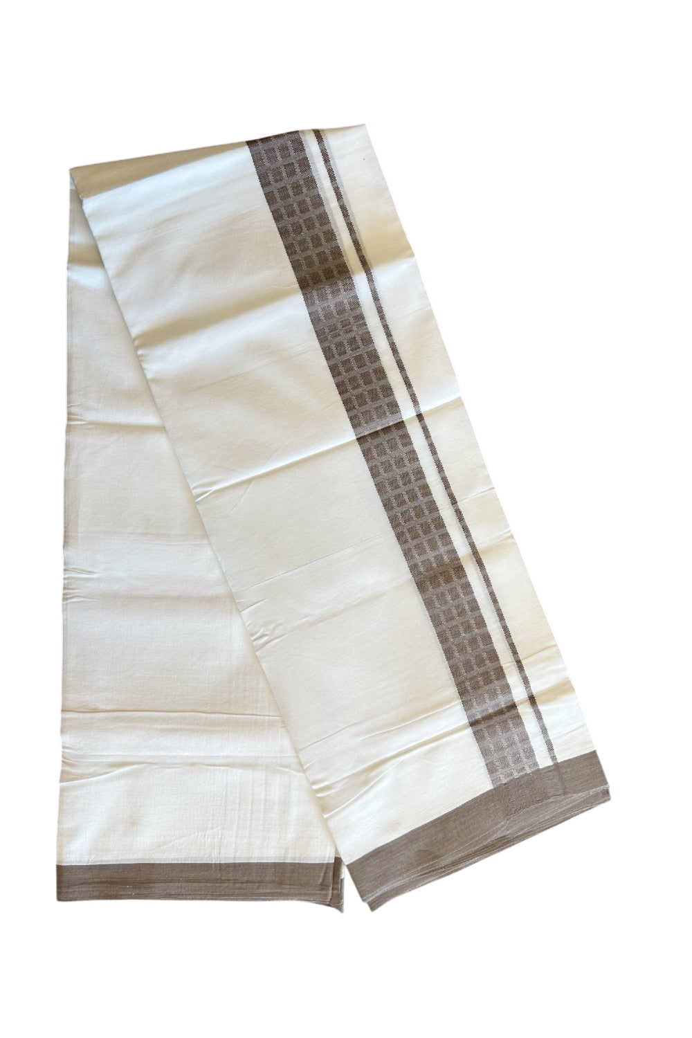 20% DISCOUNT! KaithariKada Balaramapuram 100% Cotton PURE WHITE Double Mundu/Dhoti - 100x80 - 1.75 inch Brown design kara - 9KK5109THI