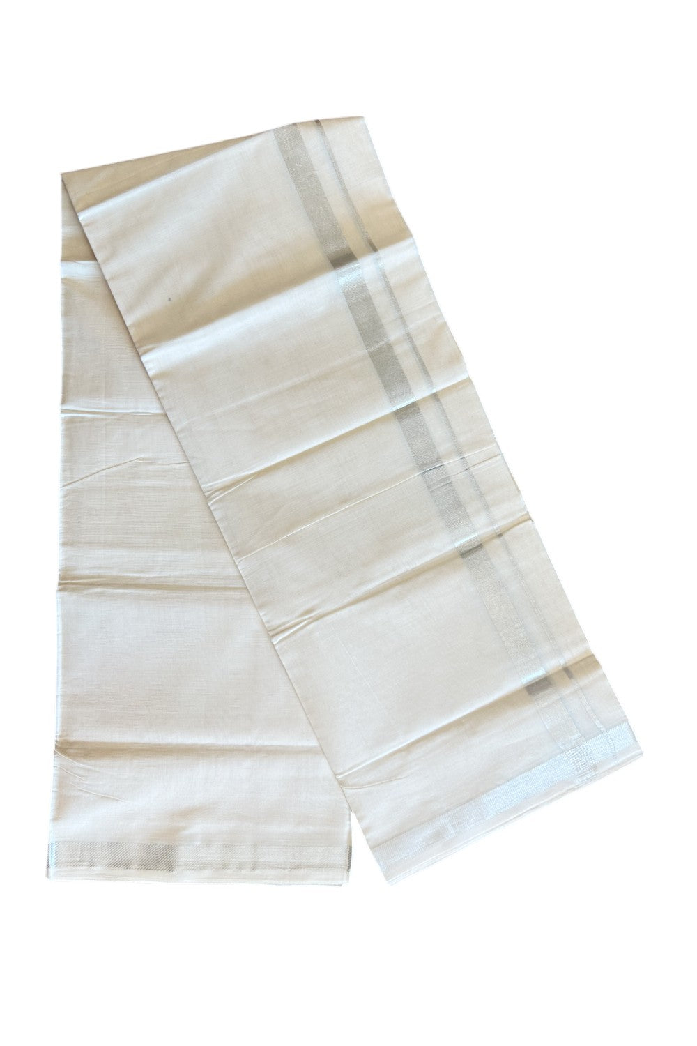 19% DISCOUNT! KaithariKada Balaramapuram 100% Cotton  Off white (Unbleached) Double Mundu/Dhoti-100x100 0.75 inch Silver Kasavu kara - 9KK5110THI