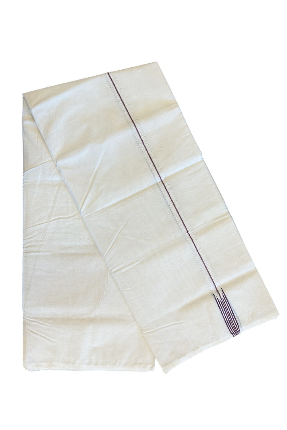 19% DISCOUNT ! KaithariKada 100% Cotton OFF WHITE - (Unbleached) Double Dhoti/Mundu- 100x100 -2 cm 6 Line Puliyilakkara Purple & Silver Kara 4.50 m- 9KK5133ASH