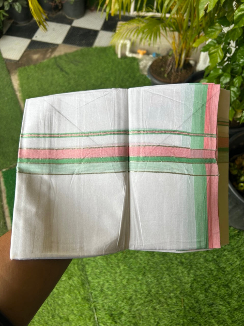 19% Discount !! KaithariKada Balaramapuram Double PURE WHITE Mundu/Dhoti- 100x80 - 1.5 inch Green Pink Kara Silver Striped kara - 9KK5143PMC