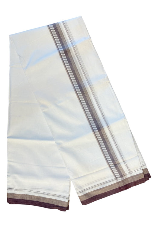 21% DISCOUNT!! Kaitharikada Balaramapuram 100% Cotton Ultra WHITE Double Mundu/Dothi-100x80   2.25 Inch LIGHT BROWN & MAROON STRIPED Cotton Kara -9KK63VAS