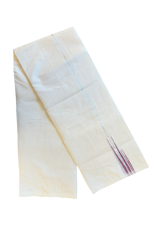 21% DISCOUNT!! KaithariKada HANDLOOM Millpaav Balaramapuram - 100% PURE Cotton Off White (Unbleached) Double Mundu/Dhoti - Silver kasavu  Puliyilakkara red Double Chutty -  9KK72RAM