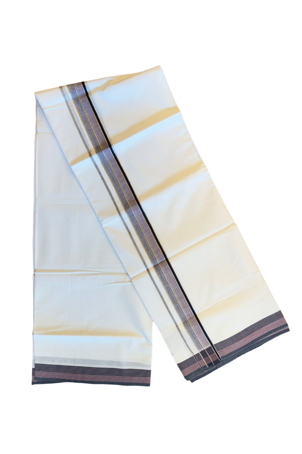 19% DISCOUNT!!! KaithariKada Balaramapuram 100% Cotton Double PURE white Mundu/Dhoti-100x100  2 Inch Silver kasavu pink stripes & Navy blue+pink shaded Kara  - 9KK83VIN