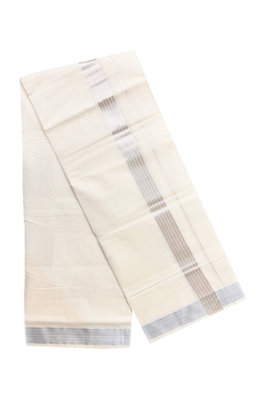 10% DISCOUNT! KaithariKada Balaramapuram 100% Cotton Double Off white Mundu/Dhoti-80X72- 2.5 inch Stripes SILVER Kasavu Kara-9VIN