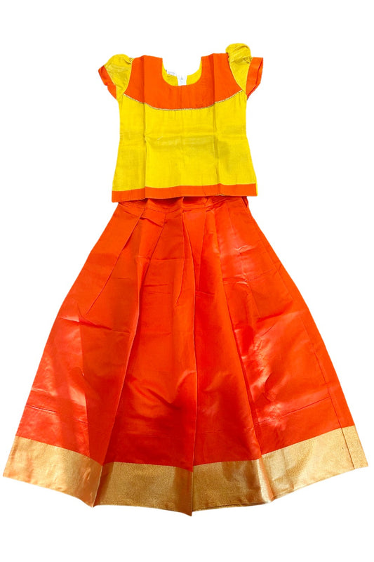 Midukki-Traditional South Indian Kids Pattu Pavada- Yellow tissue top orange skirt- Age 11 - KK11MID009