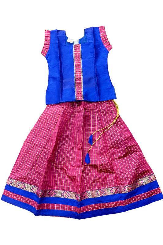 Midukki-Traditional South Indian Kids Pattu Pavada- Blue top pink check skirt - Age 7 - KK7MID009