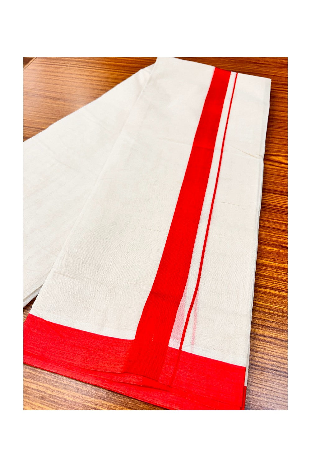 30% Discount! KaithariKada Balaramapuram 100% Cotton Double Off white Mundu/Dhoti-100X100-  PEACH RED 1.5 inch Kara.- 9