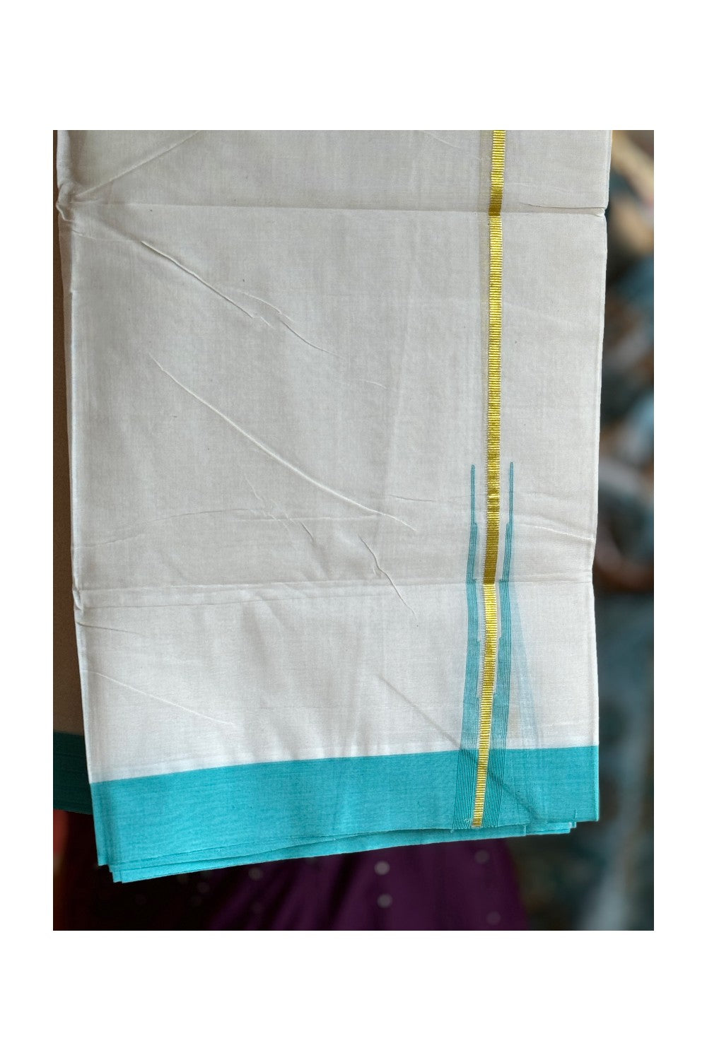 29% DISCOUNT!!! KaithariKada Balaramapuram 100% Cotton  Off white Double Mundu/Dhoti-100x100  Kasavu Puliyilakkara 0.75 Inch Turquoise Chutty -  9KK206VIN