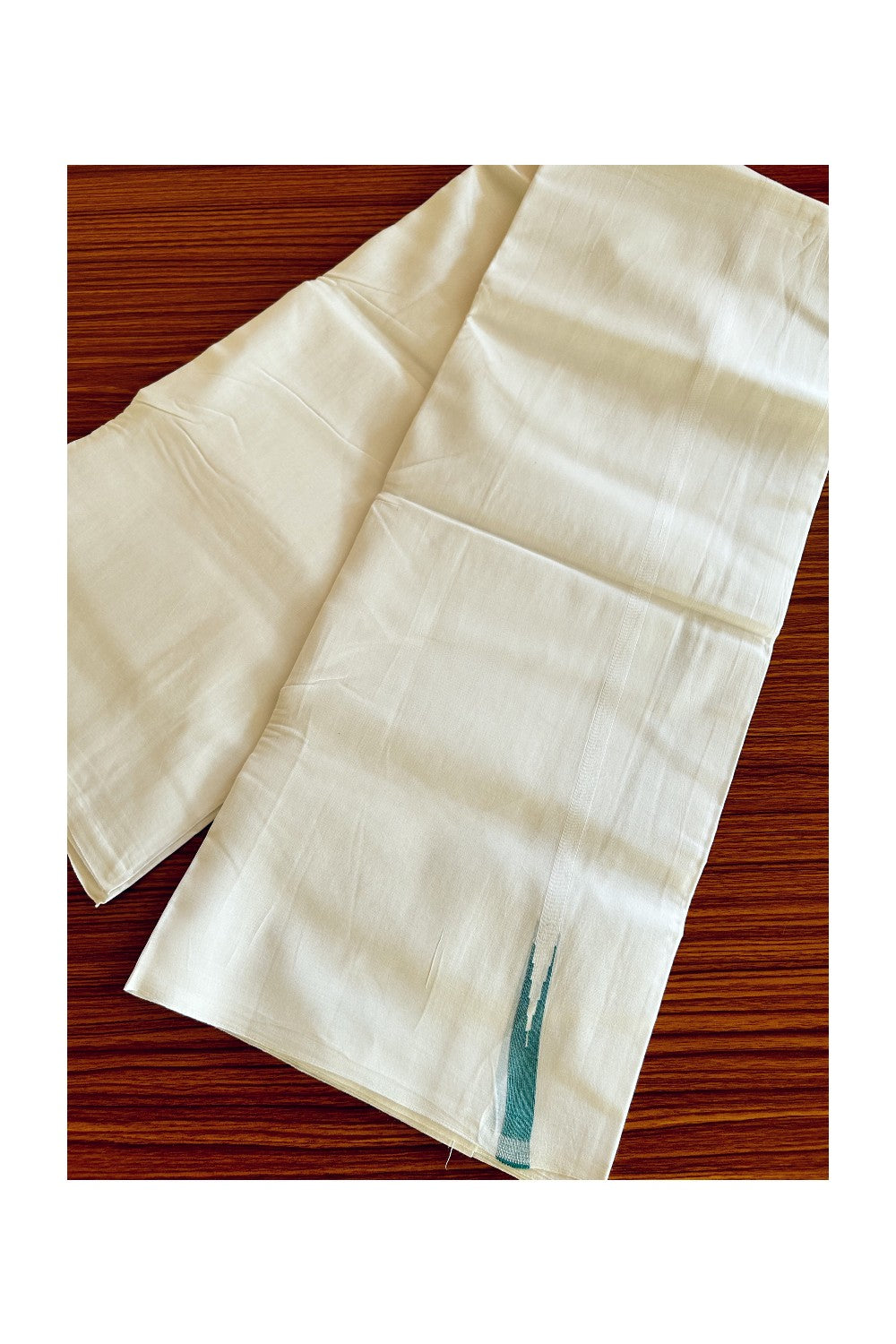 NEW!! 23% Discount!!! KaithariKada Balaramapuram 100% Cotton PURE WHITE Double Mundu/Dhoti-100x100 1cm  Puliyilakkara Chutty Blue+Green Kara- KK8DOT0204