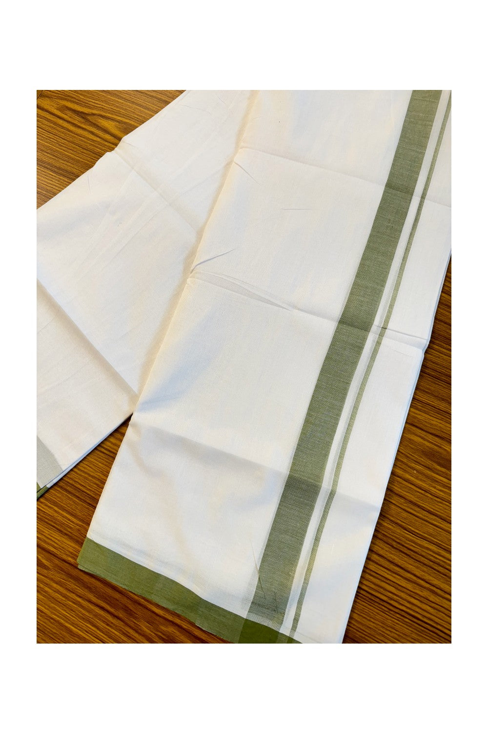 23% Discount! KaithariKada Balaramapuram Handloom 100% Millpaav Cotton Double Mundu/Dhoti Pure white - 100x100 Army green Mulloth Border 3.70m - 9KK404RAM