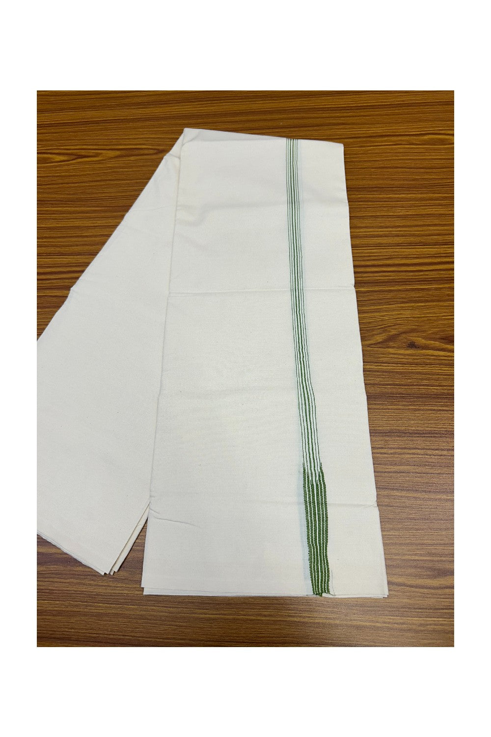 27% DISCOUNT ! KaithariKada Balaramapuram 100%  COTTON SINGLE OFF WHITE Mundu/Dhoti-100X100- 0.75 Inch 6 Line Puliyilakkara Green Chutty- 9KK414ASH